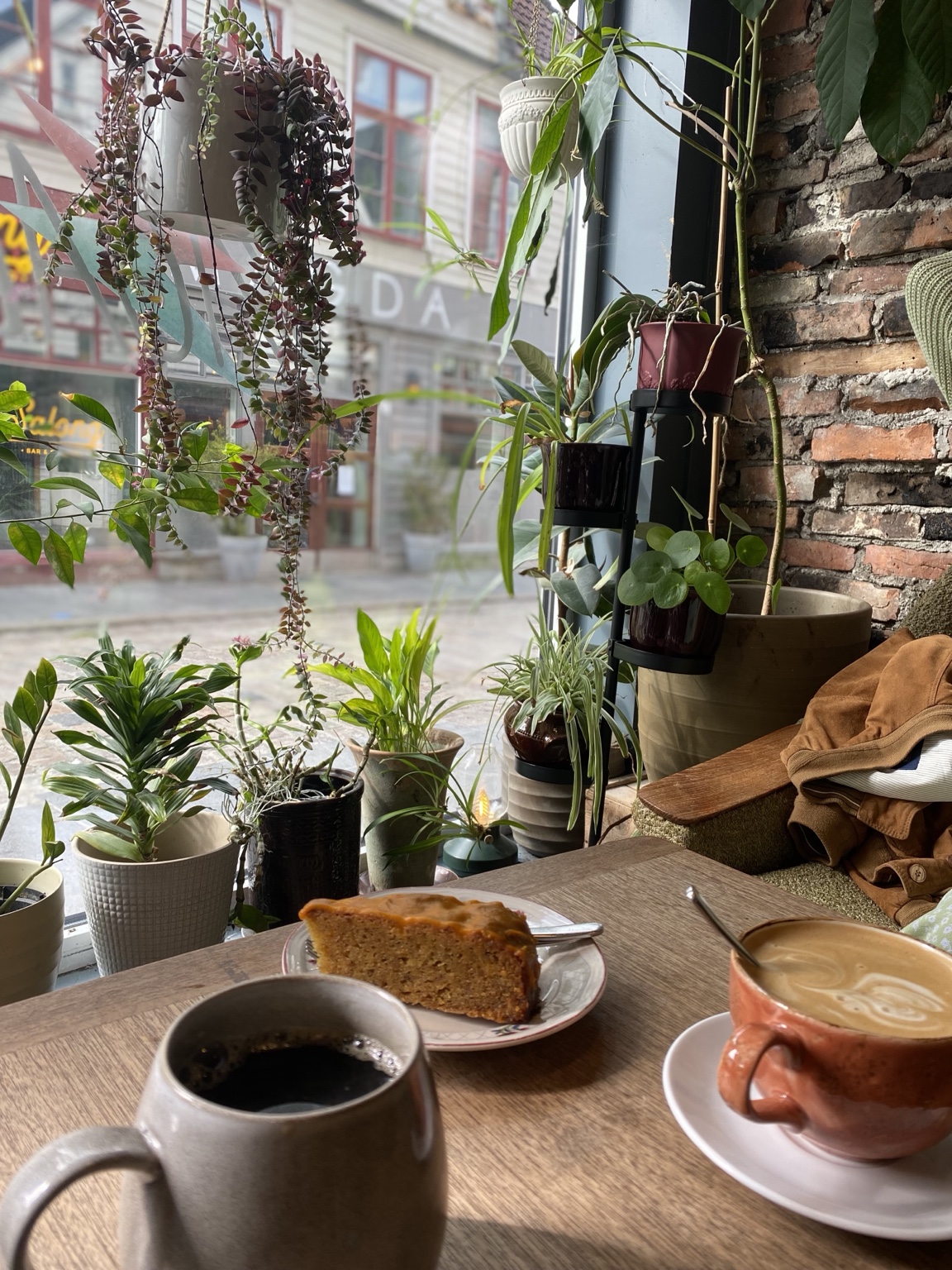 Coffee, latte and cake by the plant-filled window at Vågal café in Bergen